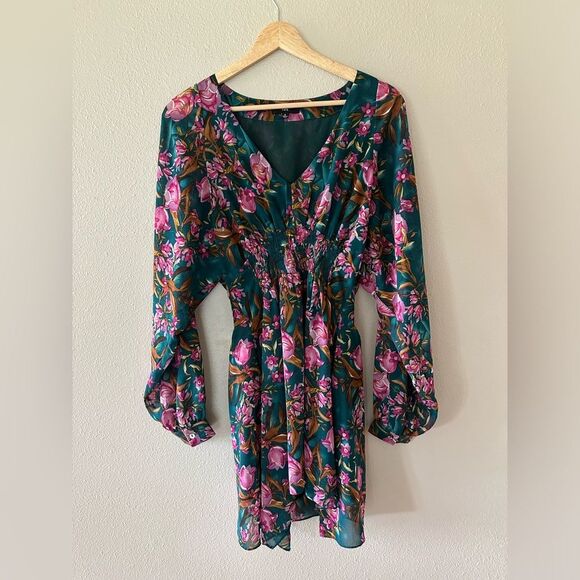 Fate Teal Floral Smocked Handkerchief Long Sleeve Mini Dress Size S - Picture 1 of 7